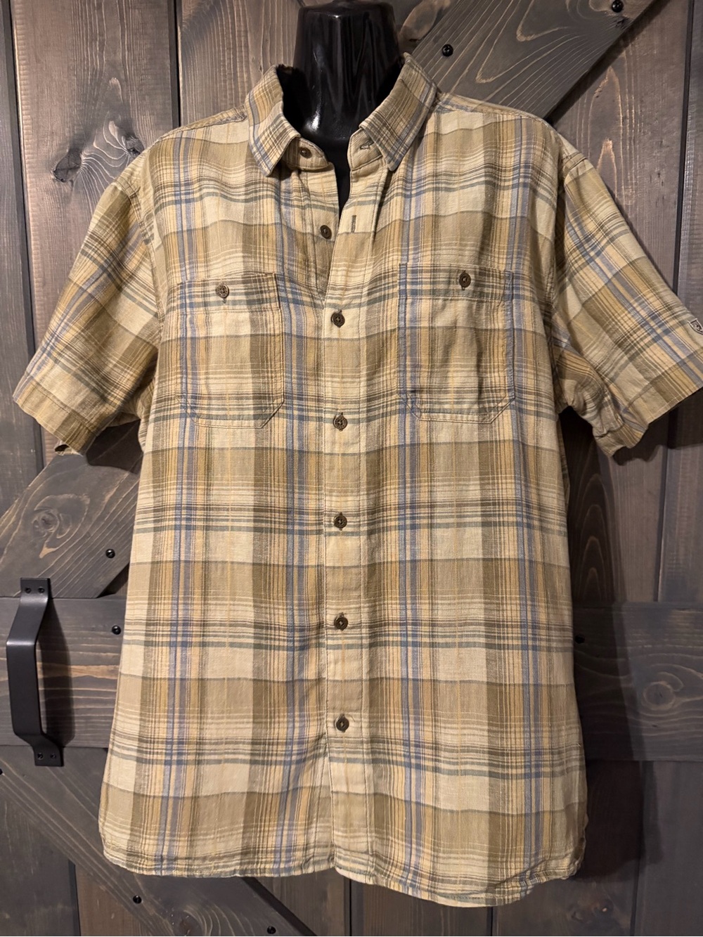 Kuhl Shirt Men's Large Brown Gray Plaid Linen Blend Short Sleeve Button